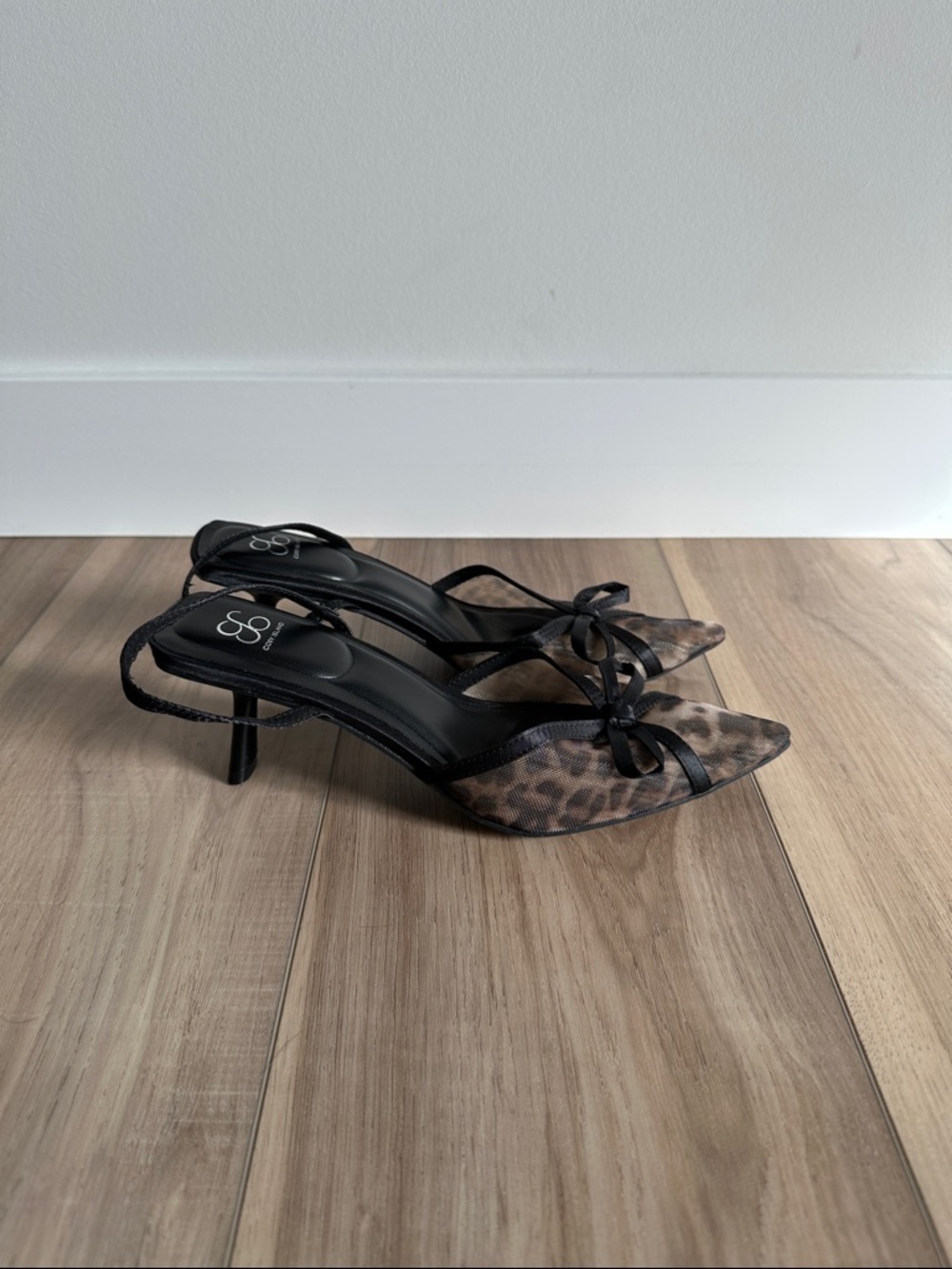 Leopard Print Pointed Slingback Heels with Bow - Black/Leopard